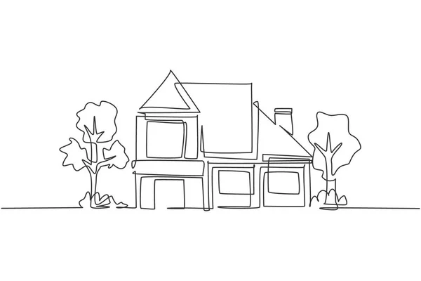 生态友好型房屋建筑单行平面图 家庭建筑属性隔离涂鸦最小的概念 趋势连续线条绘图设计图形矢量插图 — 图库矢量图片