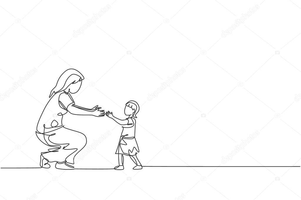 One single line drawing of young mother ready to hug daughter who learned to walk towards her at home vector illustration. Happy family parenting concept. Modern continuous line draw graphic design