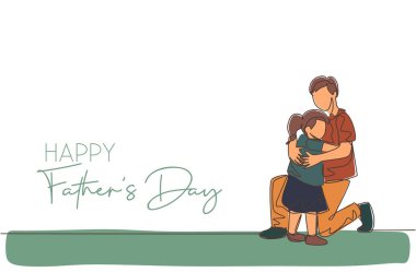 One continuous line drawing of young dad hugging his daughter before go to school. Happy father's day concept. Greeting card with typography. Dynamic single line draw design vector illustration clipart