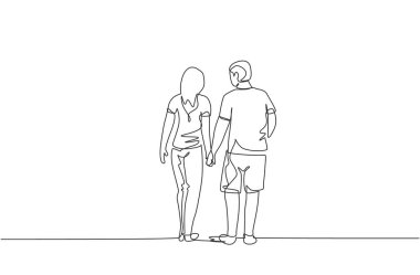 Genç bir çiftin sürekli çizdiği bir çizgi. Karı koca yürüyor ve el ele tutuşuyorlar. Mutlu aile ebeveynliği kavramı. Dinamik tek çizgi çizimi tasarım vektörü illüstrasyonu
