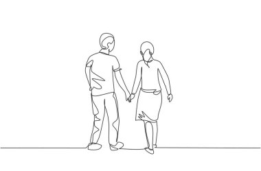 Genç bir çiftin sürekli çizdiği çizim. Karı koca birlikte yürüyor, el ele tutuşuyor, geriye bakıyor. Mutlu aile ebeveynliği kavramı. Bir satır çizimi tasarım vektörü illüstrasyonu
