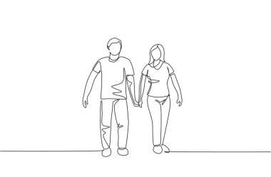 Park vektörü illüstrasyonunda el ele tutuşurken birlikte yürüyen genç karı ve kocanın tek bir çizimi. Mutlu aile ebeveynliği kavramı. Modern sürekli çizgi çizimi tasarımı