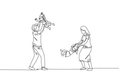 Genç anne ve babanın evde ikiz kızlarıyla oynadığı tek sıra çizimi. Mutlu aile ebeveynliği kavramı. Bir satır çizimi tasarım vektörü illüstrasyonu