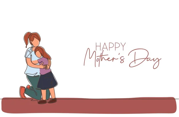 Una Sola Línea Dibujo Madre Joven Abrazando Hija Antes Ilustración — Vector de stock