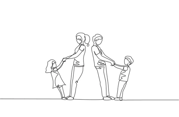 One Single Line Drawing Young Mom Dad Holding Son Daughter — Stock Vector