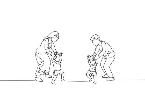 Genç Ebeveynlerin Ikiz Çocuklarına Evde Vektör Çiziminde Yürümeyi Öğrettiği Tek — Stok Vektör