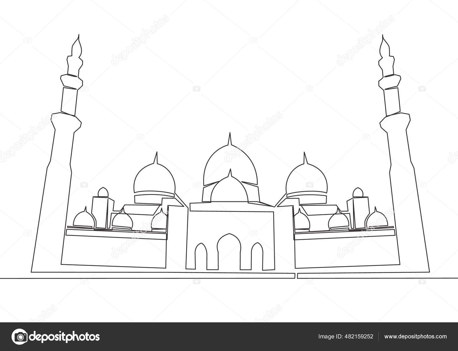 イスラムの歴史的ランドマークマスジドやモスクの1つの連続線画 イスラム教徒の概念のための崇拝の場所として機能する古代の建物一本の線画のデザインベクトル イラスト ストックベクター C Simpleline