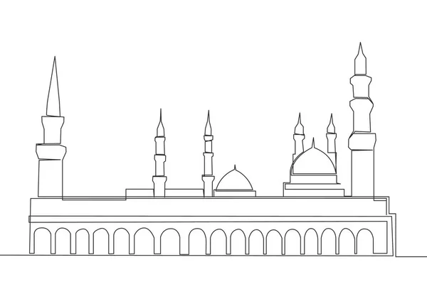 Single Continuous Line Drawing Historical Mosque Masjid Nabawi Medina Historical — Stock Vector