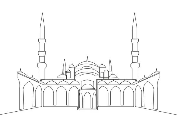 One Continuous Line Drawing Islamic Historical Landmark Masjid Mosque Ancient — Stock Vector