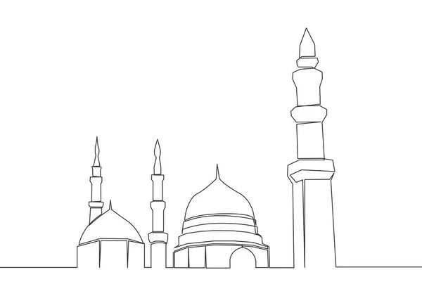 One Continuous Line Drawing Historical Landmark Dome Mosque Masjid Nabawi — Stock Vector