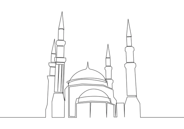 Single Continuous Line Drawing Muslim Historical Landmark Masjid Mosque Historical — Stock Vector