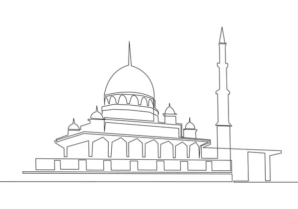 One Continuous Line Drawing Islamic Historical Landmark Masjid Mosque Ancient — Stock Vector