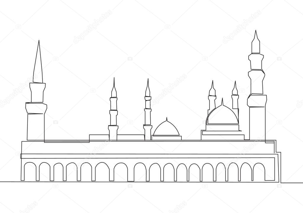 Single continuous line drawing of historical mosque or Masjid An Nabawi in Medina. Historical construction use as a place of praying for Islamic person concept one line draw design vector illustration