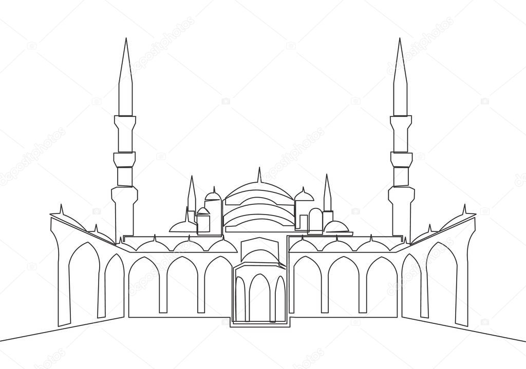 One continuous line drawing of Islamic historical landmark masjid or mosque. The ancient building that works as a place of worship for muslim person concept single line draw design vector illustration