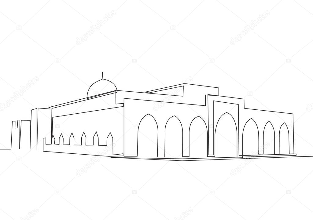 One single line drawing of Islamic historical landmark masjid or mosque Jami Al Aqsa. Holy place to prayer for Islam people concept continuous line draw design vector illustration