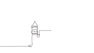 Üzerinde dört kule ve iki bayrak bulunan bir lunaparktaki kalenin tek çizgi çizimi. Bir peri masalında atmosfer barındıran bir kale. Aralıksız kendini çizme canlandırması.