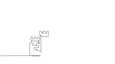 Aralıksız tek çizgi çizimi, eğlence parkında bir kale, üzerinde beş kule ve bir bayrak olan bir kale. Mutlu bir kraliyet ailesinin yaşadığı bir saray. Tek satır kendini çizme canlandırması.