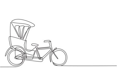 Single continuous line drawing the cycle rickshaw seen from the side pulls the passenger sitting behind it with a bicycle pedal. Tourist vehicle. One line draw graphic design vector illustration. clipart
