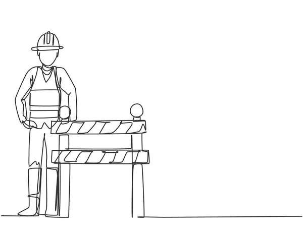 连续的一条线画一个建筑工人站在下面的建筑板旁边 它位于路边 单行绘图设计矢量图形说明 — 图库矢量图片