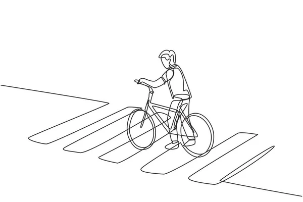Dibujo Una Sola Línea Joven Montando Una Bicicleta Cruzando Cruce — Vector de stock
