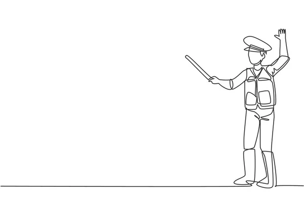 Dibujo Una Sola Línea Policía Uniforme Completo Uso Palo Corto — Vector de stock