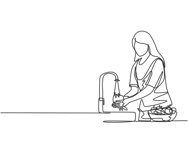 Kontinu Satu Garis Menggambar Seorang Wanita Sedang Mencuci Buah Wastafel - Stok Vektor
