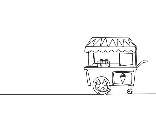 2輪のカートを使用して遊園地でアイスクリームブースの継続的な1行の図面 おいしいとおいしい夏のデザートのコンセプト 1本の線画ベクトルグラフィックイラスト — ストックベクタ