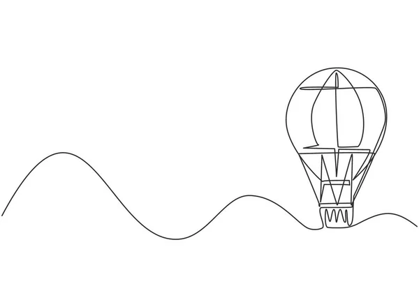 Continuo Una Línea Dibujo Globo Aire Caliente Con Patrón Rayas — Vector de stock