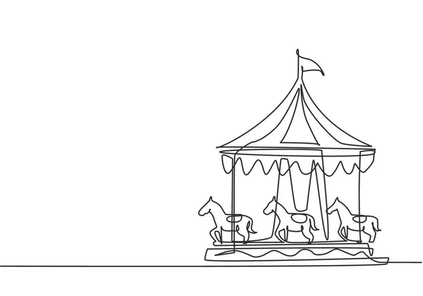 遊園地の馬のカルーセルを縞模様のテントの下の円の中でその上にフラグを回転させる1つの連続線画 おならで遊べ グラフィックデザインベクトル図を描く1行 — ストックベクタ