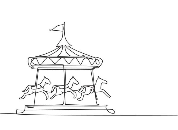遊園地には馬のカルーセルが連続して描かれ テントの下には旗で馬が回転しています 幸せな子供時代 ダイナミックワンライン描画グラフィックデザインベクトルイラスト — ストックベクタ