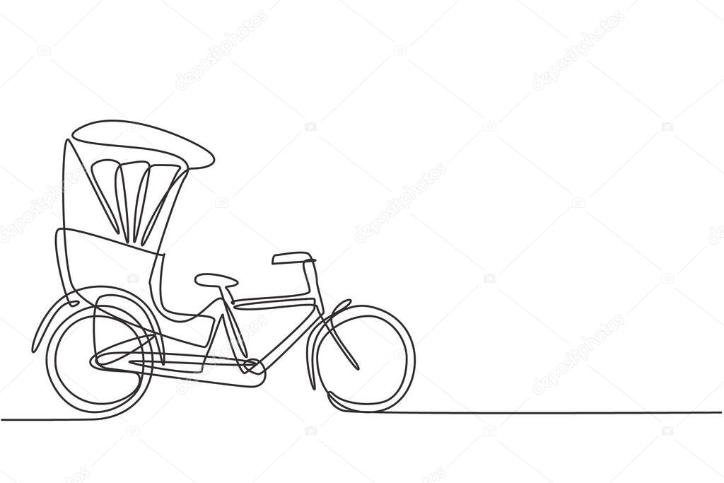 Single continuous line drawing the cycle rickshaw seen from the side pulls the passenger sitting behind it with a bicycle pedal. Tourist vehicle. One line draw graphic design vector illustration.