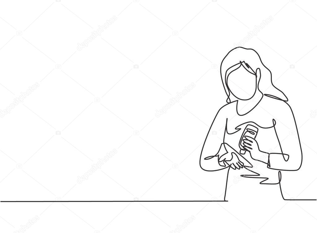 Single one line drawing of a woman pours hand sanitizer into her palms to avoid bacteria and be more hygienic. Self-protection against corona virus. One line draw design graphic vector illustration.