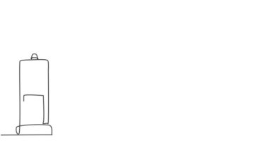 Sürekli tek çizgili animasyon kentin en büyük süpermarket otoparkının girişini koruyan uyarı panolarıyla bariyer kapıları çekiyor. Şehir hayatı. Tam uzunluktaki tek çizgi canlandırması.