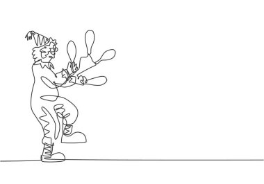 Single continuous line drawing a male clown juggling on one leg. The playing clown was very funny and entertained the audience. Circus show event. One line draw graphic design vector illustration. vector Single continuous line drawing a male clown juggling on one leg. The playing clown was very funny and entertained the audience. Circus show event. One line draw graphic design vector illustration. vector
