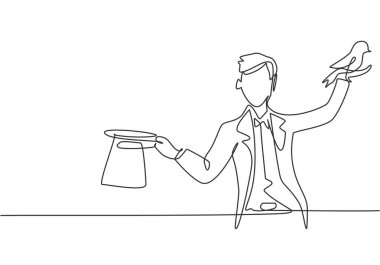 Sihirbazın sihirli şapkasından bir kuşu çıkararak sürekli çizdiği tek çizgi. O gece çok etkileyici bir sihirbazlık gösterisi vardı. Dinamik bir çizgi çizer grafik tasarım vektörü çizer.