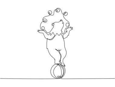 Eğitimli bir kahverengi ayının topun üzerinde dururken kafasında hokkabazlık yaptığı tek bir çizgi. Seyirciler için çok iyi bir sirk gösterisi. Modern sürekli çizgi çizimi tasarım grafik vektör çizimi