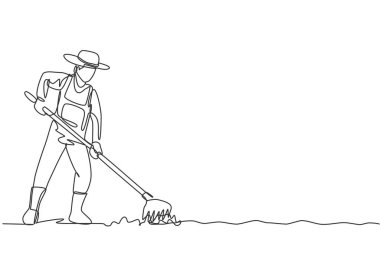 Genç erkek çiftçinin tırmıkla zemini dümdüz etmesi. Yeni bir ekim sezonuna başla. Başarılı çiftçilik minimalist konsepti. Tek çizgi çizimi tasarım vektörü grafik çizimi.
