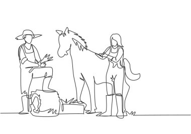 Single one line drawing of male farmer stomped one of its feet into the curled hay as it was about to feed the horse. A female helps to pet the horse. One line draw design graphic vector illustration. clipart