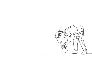 Genç erkek çiftçinin tarlalara ekin ektiği tek bir çizgi. Profesyonel çiftçi. Çiftçilik zorluğu minimalist bir kavram. Modern sürekli çizgi çizimi tasarım grafik vektör çizimi.