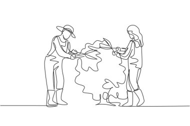 Genç çiftçi çiftin sürekli çizdiği bir çizgi ağaç yapraklarını birlikte makas kullanarak kesiyor. Çiftçilik zorluğu minimalist bir kavram. Tek çizgi çizimi tasarım vektörü grafik çizimi.