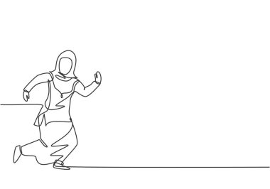 Genç Arap iş kadınlarının son teslim tarihine kadar koşturduğu tek sıra. İş zamanı disiplin metaforu. Dinamik bir çizgi çizer grafik tasarım vektörü çizer.