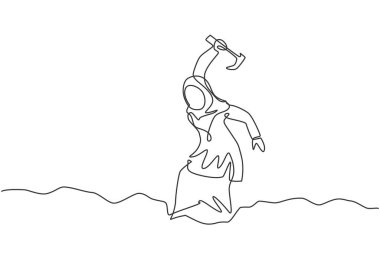 Çekiçle sokaklarda hazine kazan genç Arap kadın işçilerin çizdiği bir çizgi devam ediyor. Minimalist bir iş fikri ediniyorum. Tek çizgi çizimi tasarım vektörü grafik çizimi.