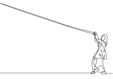 Amaçlarına ulaşmak için ipte asılı duran genç Arap kadın işçileri sürekli bir çizgi halinde çekiyor. Girişimci konseptinin iş mücadelesi. Tek çizgi çizimi tasarım vektörü grafik çizimi.