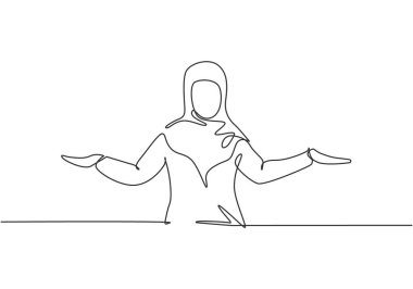 Genç Arap iş kadınının tek sıra çizimi kollarını uzattı. Çözüm minimalist kavramını bulmak için iş sunumu. Aralıksız çizgi çizimi tasarım grafik vektör çizimi.