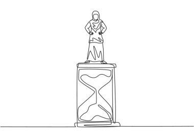 Genç Arap iş kadınının kum saatinin üzerinde durduğu tek bir çizgi. Zaman yönetimi iş minimalist kavramını gösteren sembol. Aralıksız çizgi çizimi tasarım grafik vektör çizimi.