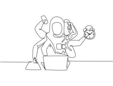 Elinde telefon, çalar saat ve kağıt olan genç bir Arap kadın işçi çizmeye devam ediyor. İş zamanı disiplin metaforu. Tek çizgi çizimi tasarım vektörü grafik çizimi.