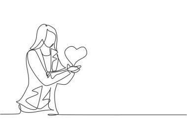 Genç iş kadınının çizdiği tek bir çizgi aşk sembolü ile elini uzatır. Mutlu işçi başarısını kutluyor. İş metaforu. Aralıksız çizgi çizimi tasarım grafik vektör çizimi