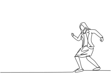 Ofisine gitmek için sokaklarda yürüyen genç iş kadınlarını çeken tek sıra. İş zamanı disiplin metaforu. Dinamik bir çizgi çizer grafik tasarım vektörü çizer.