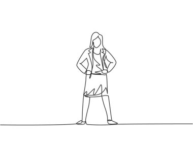 Sürekli bir çizgi halinde genç kadın işçiler sokakta dikilip kendi işlerini düşünüyorlar. Minimalizm metaforu iş vizyonu kavramı. Tek çizgi çizimi tasarım vektörü grafik çizimi.