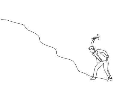 Tek sıra halinde, genç iş adamı çekiçle yokuş yukarı hazine kazıyor. Minimalist bir iş fikri ediniyorum. Bir çizgi çizimi grafik tasarım vektör çizimi.